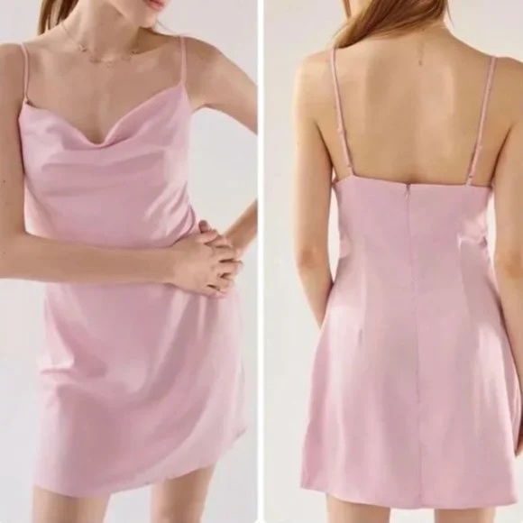 URBAN OUTFITTERS Mallory Cowl Neck Mini Slip Dress Satin Spaghetti Pink Size M - Picture 1 of 3